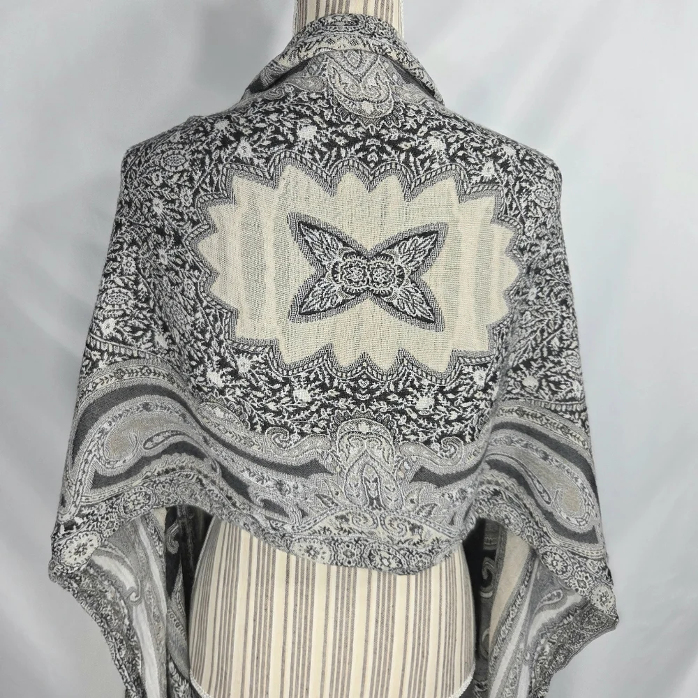 Designer Black & Off-White Shawl Scarf Wrap with Fringed Edges Very Soft